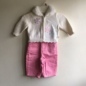 Sprockets New Baby Outfit White Snowflake Sweater Zip Pink Pants Button Pockets